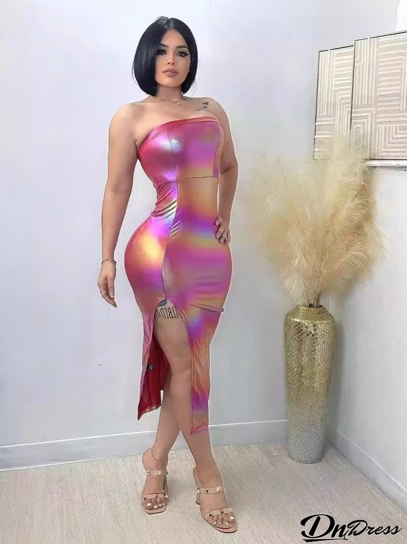 Women Clothing Features Shiny Gradient Pu-Leather High Slit Chest Wrap Dress