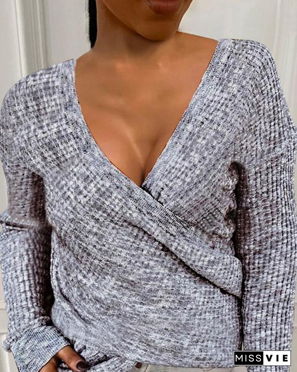 Long Sleeve Ribbed Surplice Casual Sweater P13329