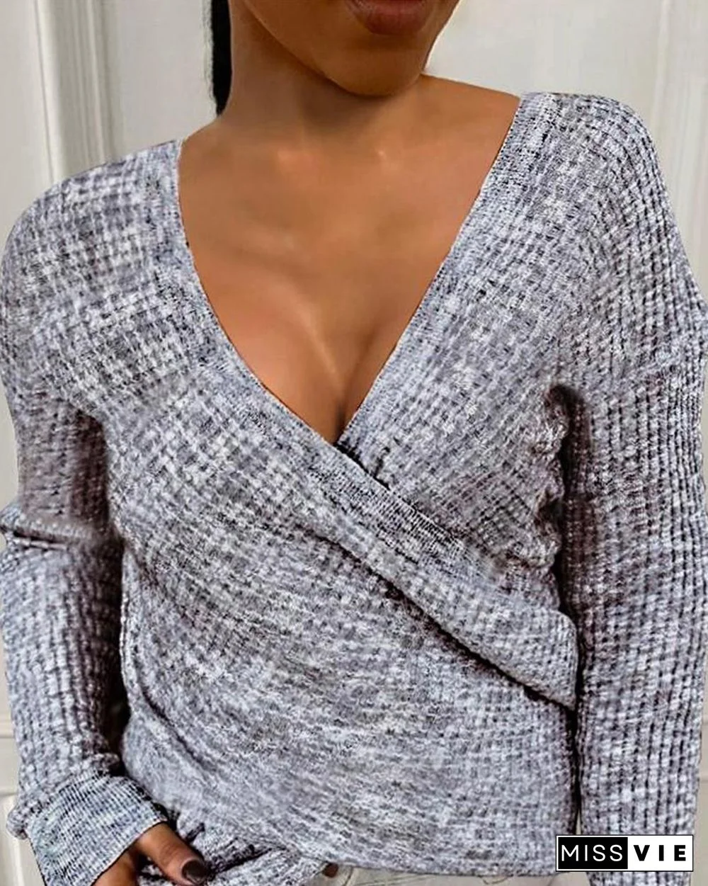 Long Sleeve Ribbed Surplice Casual Sweater P13329