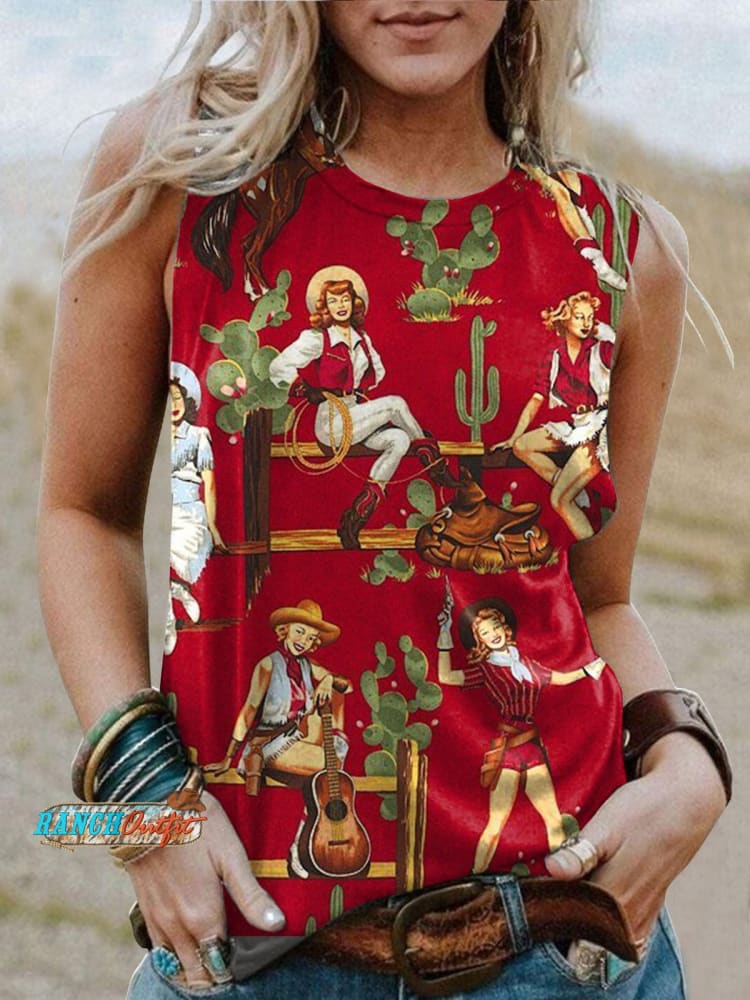 Women’s Western Vintage Pattern Printed Round Neck Sleeveless T-Shirt Red / S