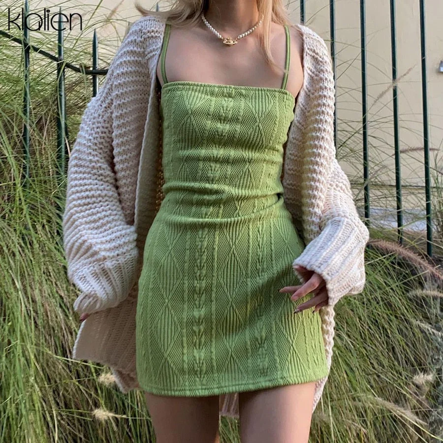 KLALIEN Women Fashion Elegant Streetwear Strap Mini Dress Summer 2022 New Solid Green Knit Stretch Slim Office Lady Dresses