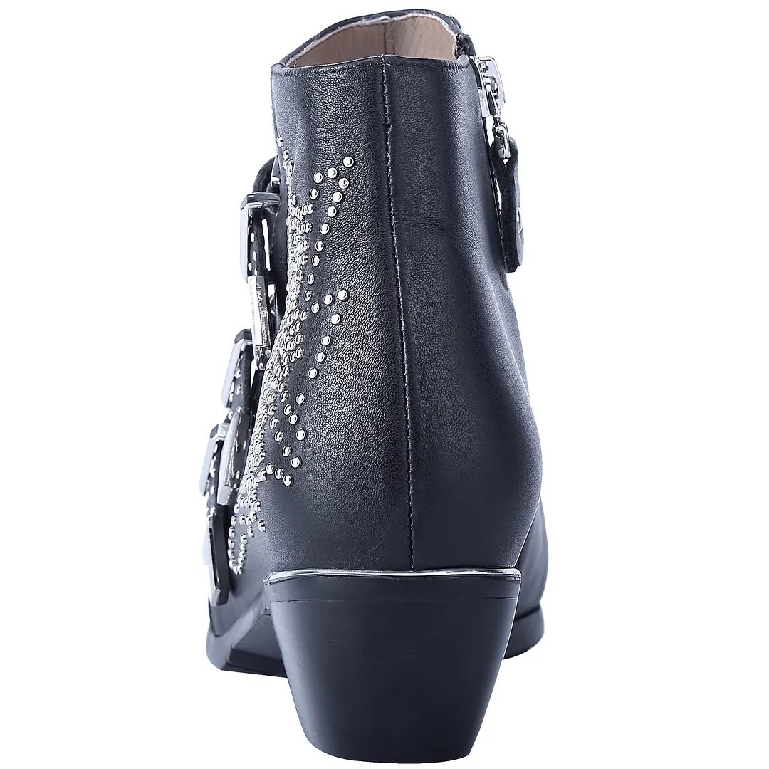 Women's Rivets Metal Buckle Low Heels Ankle Boots Black Silver-vocosishoes
