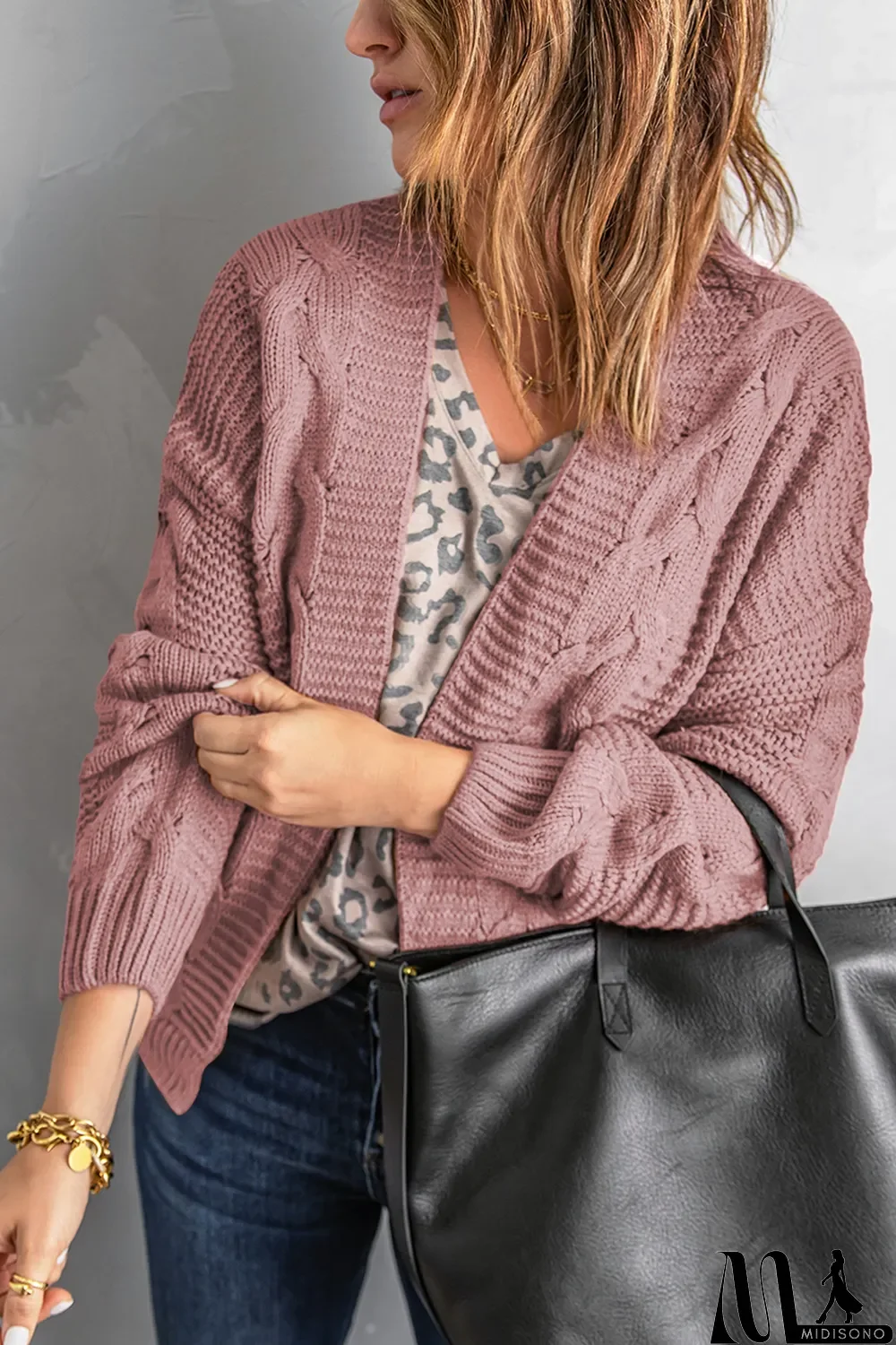 MidiSono - Pink Chunky Wide Long Sleeve Knit Cardigan