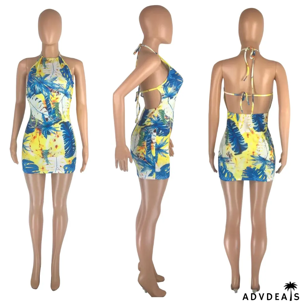 Sexy Halter Backless Print Mini Dress