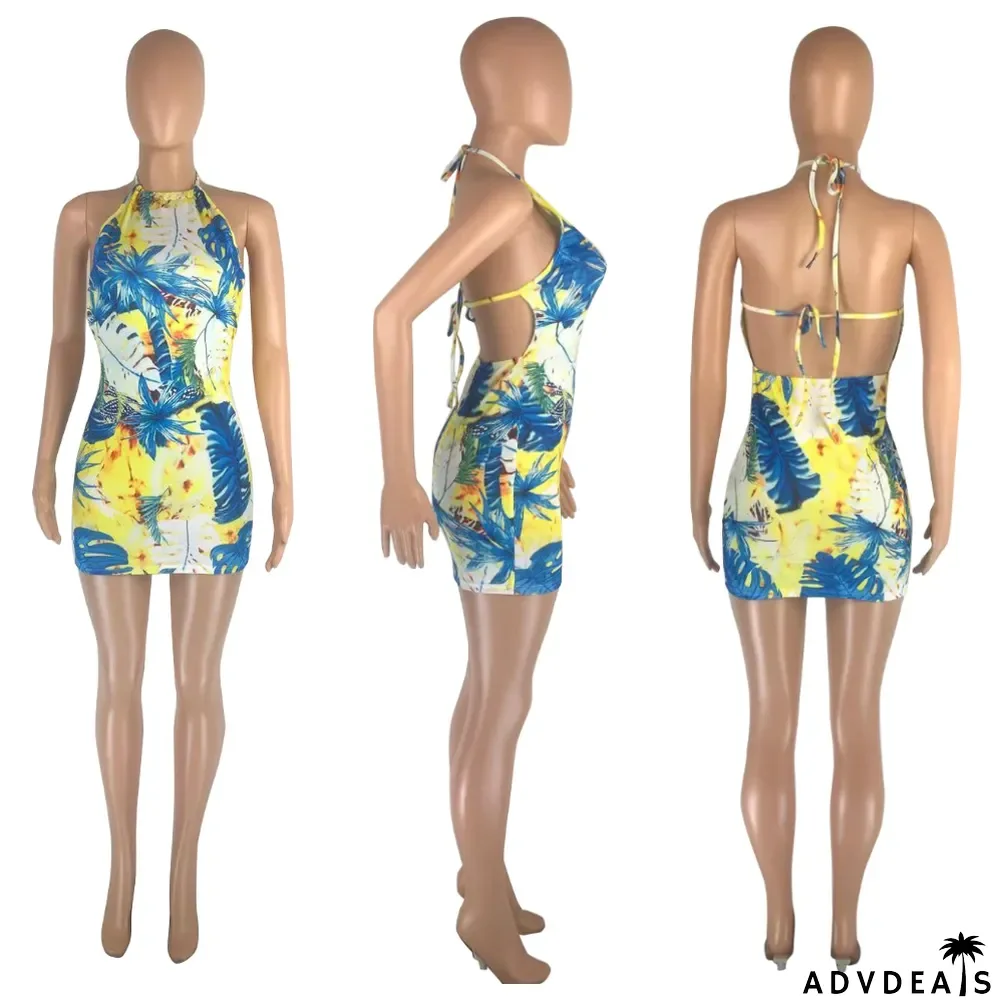 Sexy Halter Backless Print Mini Dress