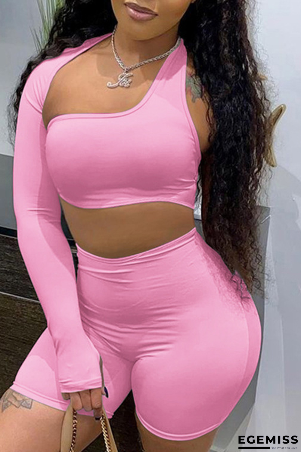 Pink Casual Solid Hollowed Out One Shoulder Long Sleeve Two Pieces | EGEMISS