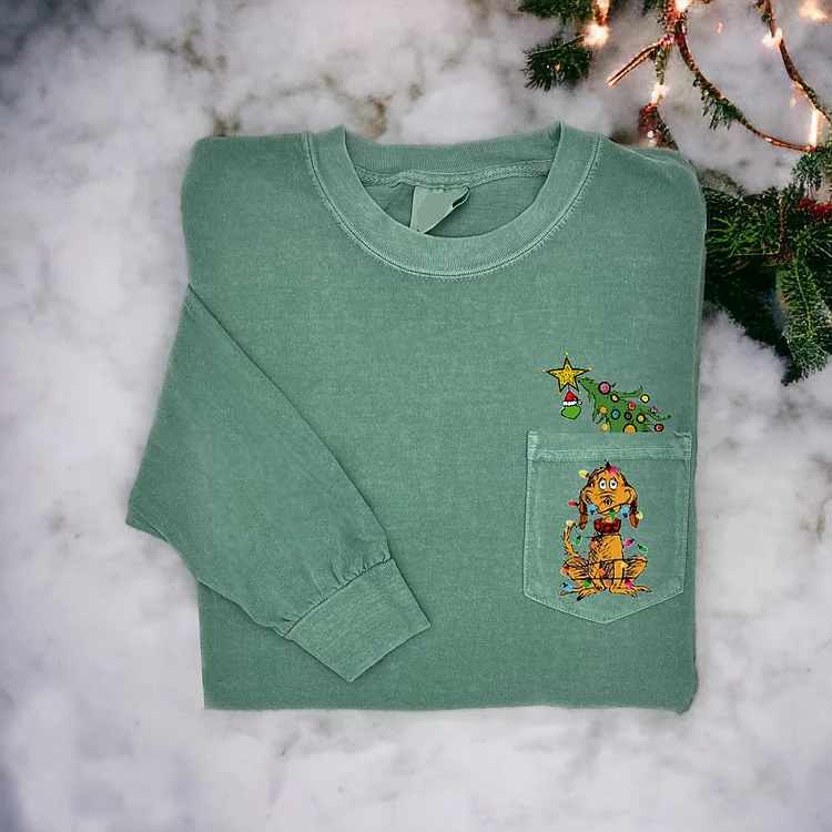 Women's Pocket Christmas Tree And Dog Inspired Long-Sleeved T-Shirt