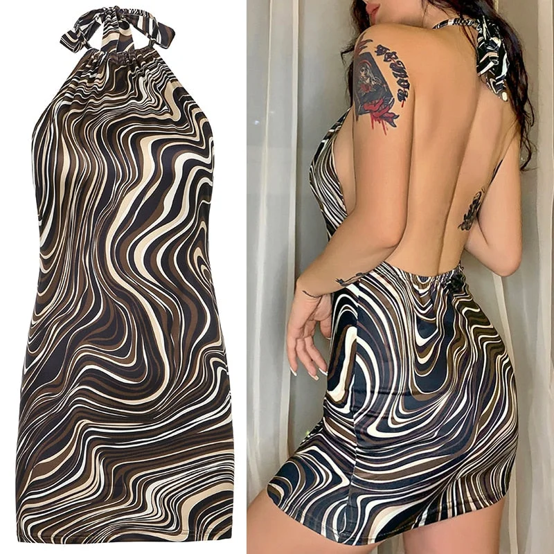 HEYounGIRL V Neck Print Sexy Backless Bodycon Dress Party Sleeveless Summer Halter Mini Dresses Women Fashion Streetwear Elegant