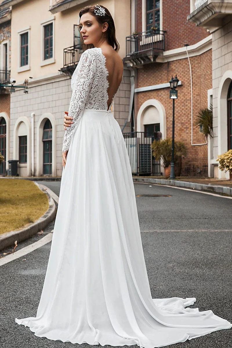 Miabel Long Sleeves Chiffon Lace Wedding Dress