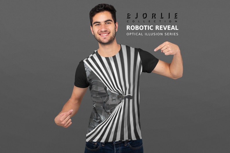 Op Art Optical Illusion Robotic Reveal Machine Robot Pattern Sci-Fi Hand Pulling Black and White Striped Unisex T-Shirt Tee