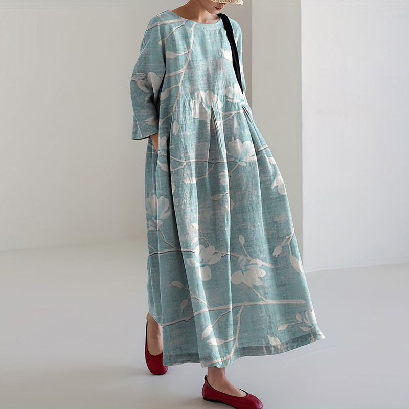 Comstylish Flower Print Round Neck Loose Midi Dress