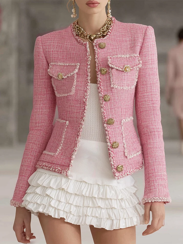 【24-hour shipping out】Designer Pink Tweed Patchwork White Trim Button Jacket