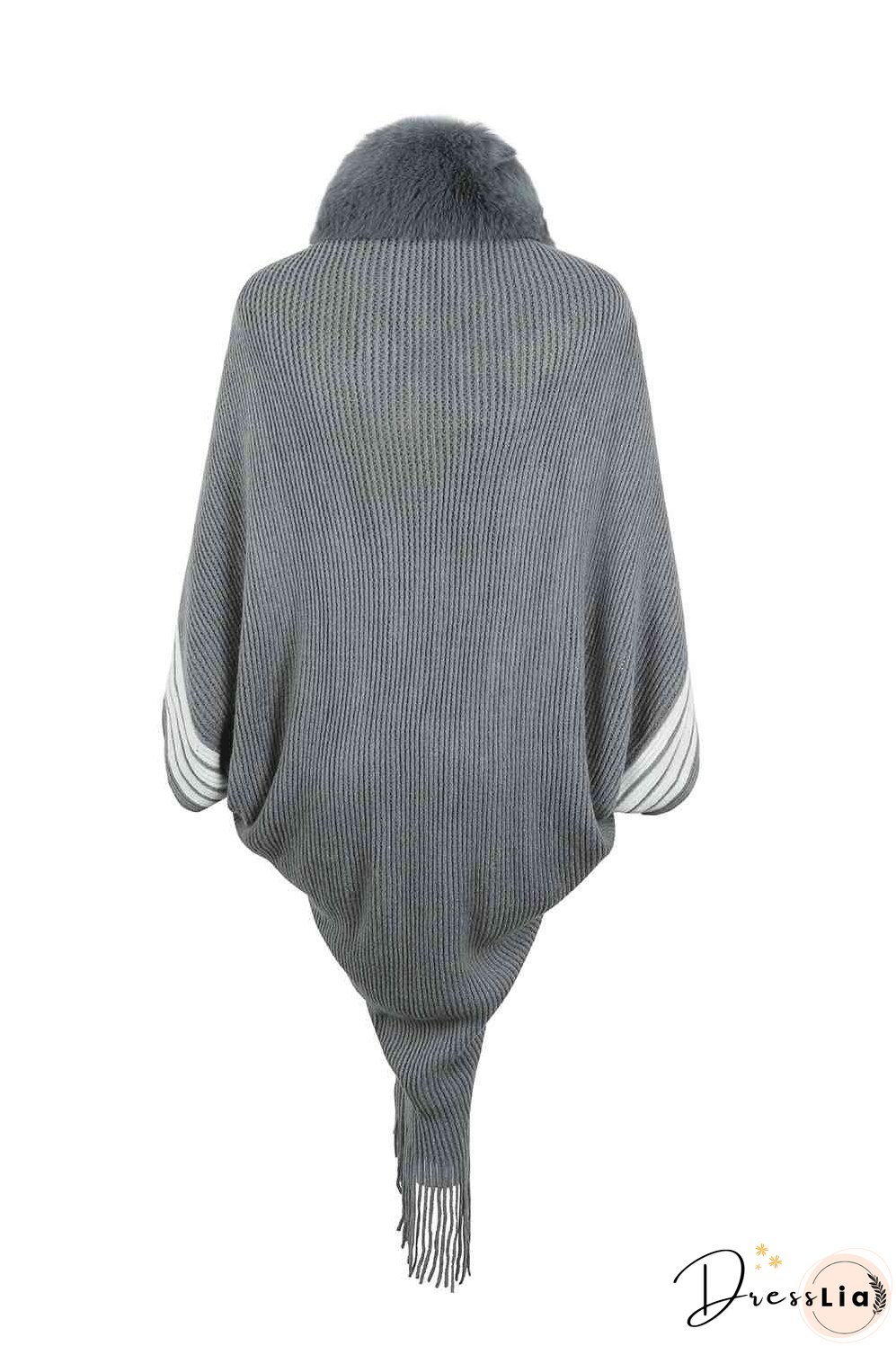 Striped Fringe Detail Long Sleeve Poncho