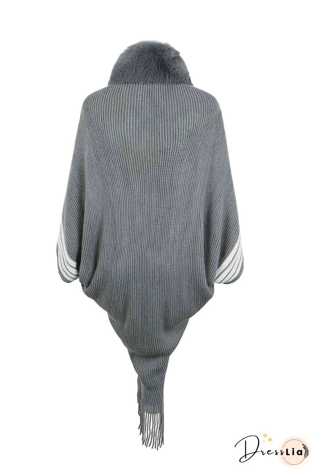 Striped Fringe Detail Long Sleeve Poncho