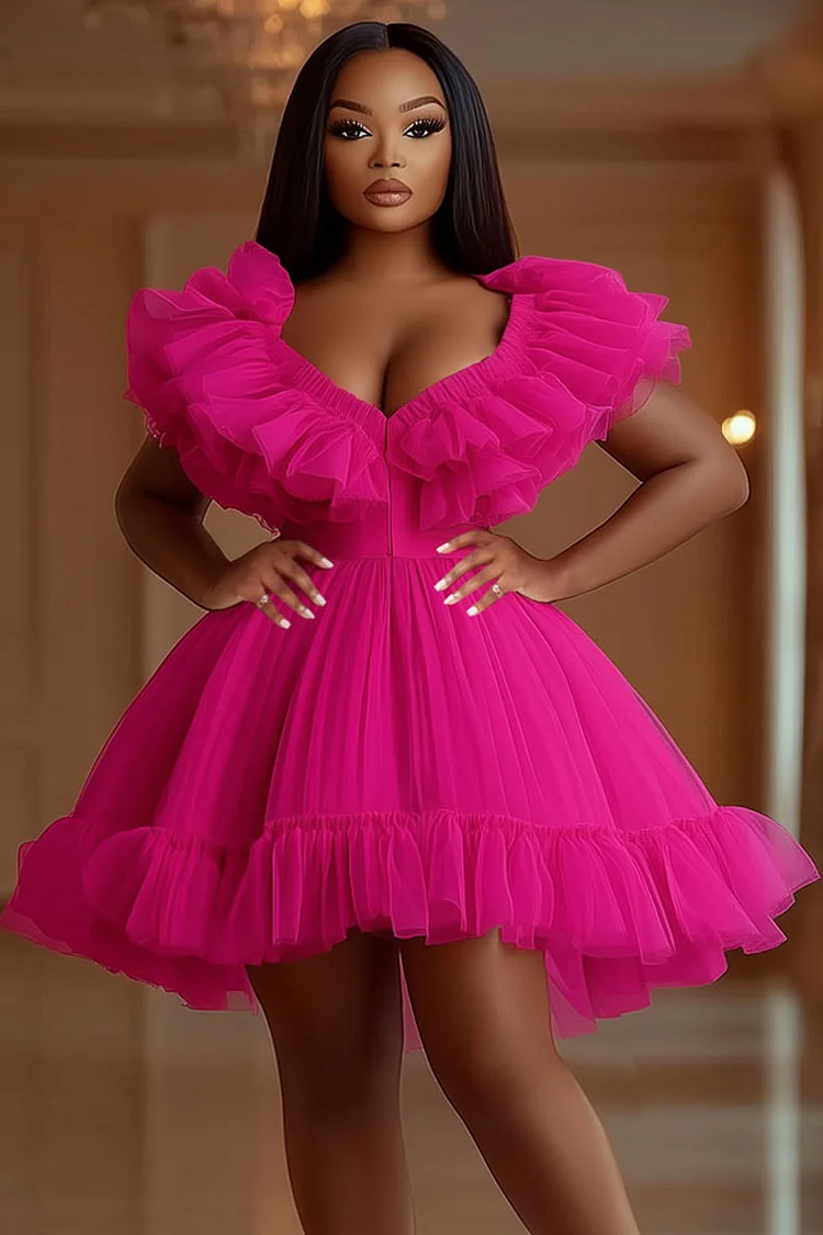 V Neck Sleeveless Ruffle A-Line Party Mini Tulle Dresses-Fuchsia [Pre Order]