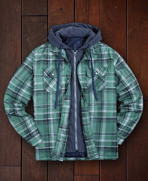 Men's Autumn and Winter Plaid Long Sleeve Loose Hooded Jacket