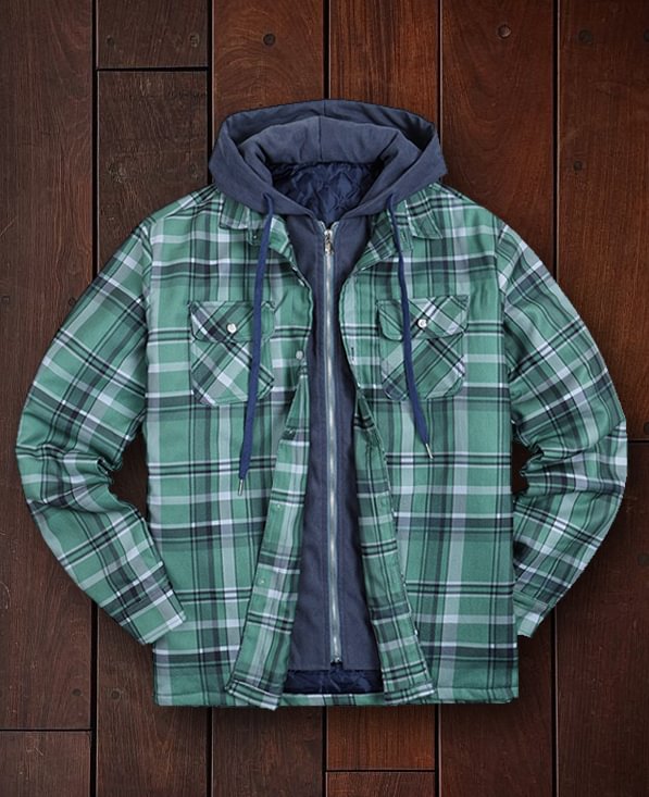 Men's Autumn and Winter Plaid Long Sleeve Loose Hooded Jacket