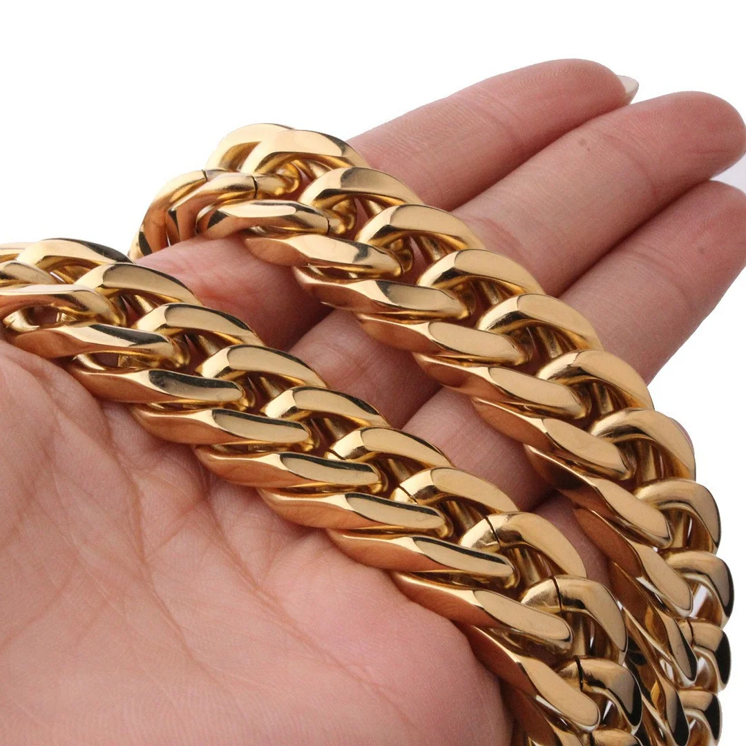 Miami Cuban Link Chain Set For Men 18K Gold Plated Titanium Stainless Steel 15mm Curb Bracelet Necklace Diamond Chains