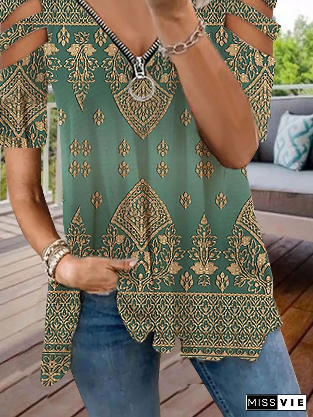 Casual Ethnic Autumn V neck Daily Loose Half sleeve H-Line Regular Tops for Women