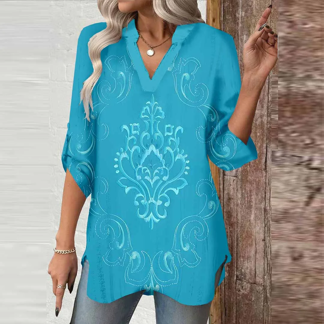 Women Bohemian, Retro, Turquoise DZGA0449 3/4 Sleeve V-neck Printed Graphic Button Tops