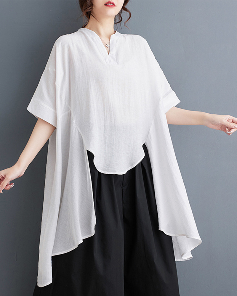 Asymmetric Hem Short Sleeve V Neck Solid Color Top