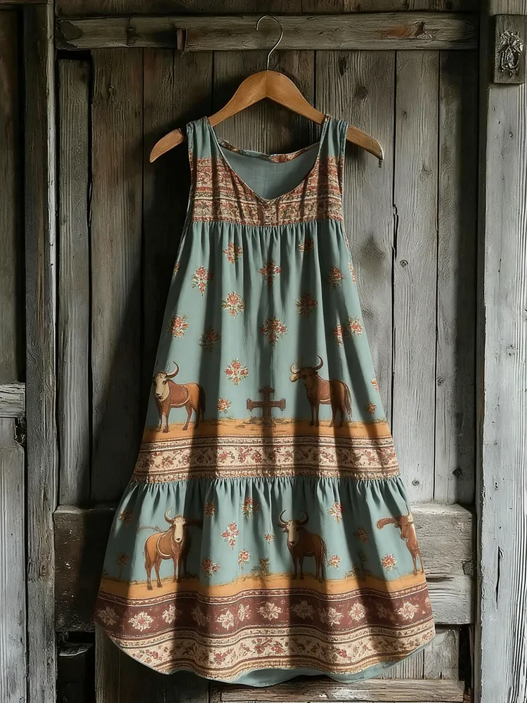 Women's Vintage Floral Colorblock Sleeveless Cotton Dress