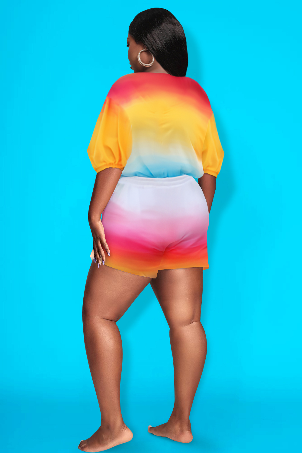 Design Plus Size Beach Casual Multicolor Gradient V Neck Lantern Sleeve Half Sleeve Button Pocket Two Piece Short Sets [Pre-Order]