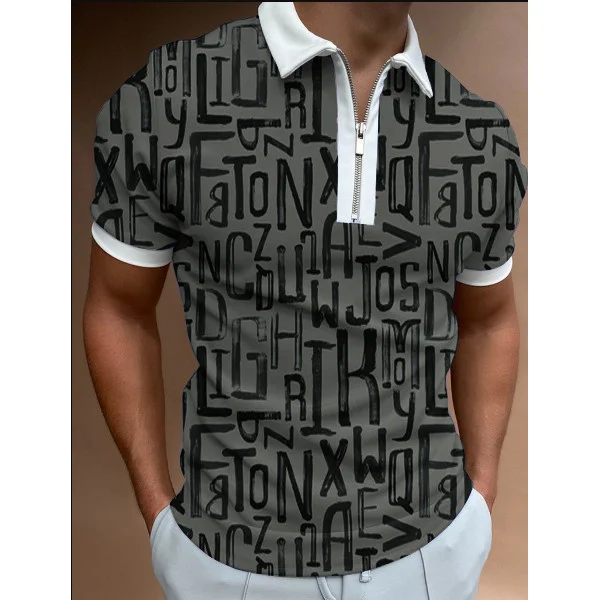 Lettering Pattern Casual Short Sleeve Tops Zipper Men's Polo Shirts at Hiphopee