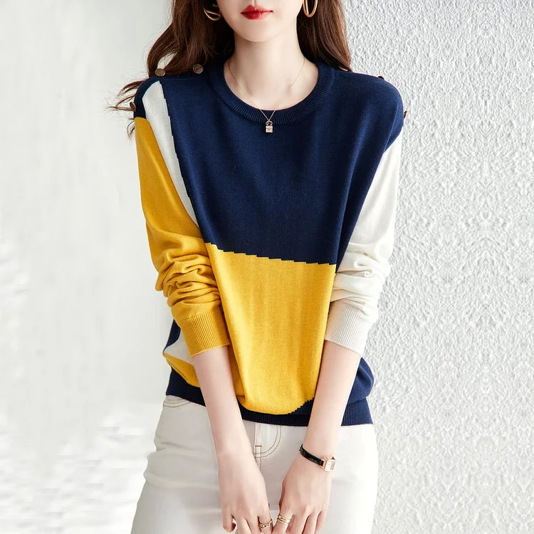 Paneled Cotton-Blend Long Sleeve Sweater QueenFunky