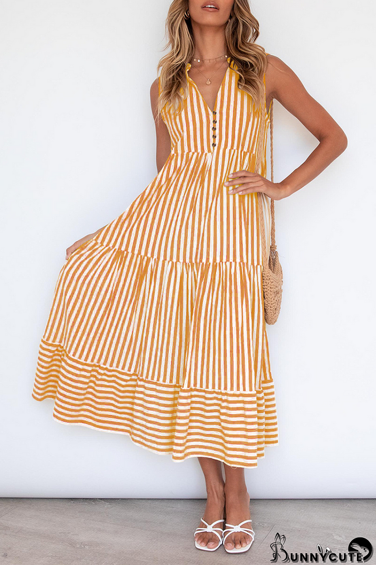 Casual Elegant Striped Flounce Without Belt V Neck A Line Dresses