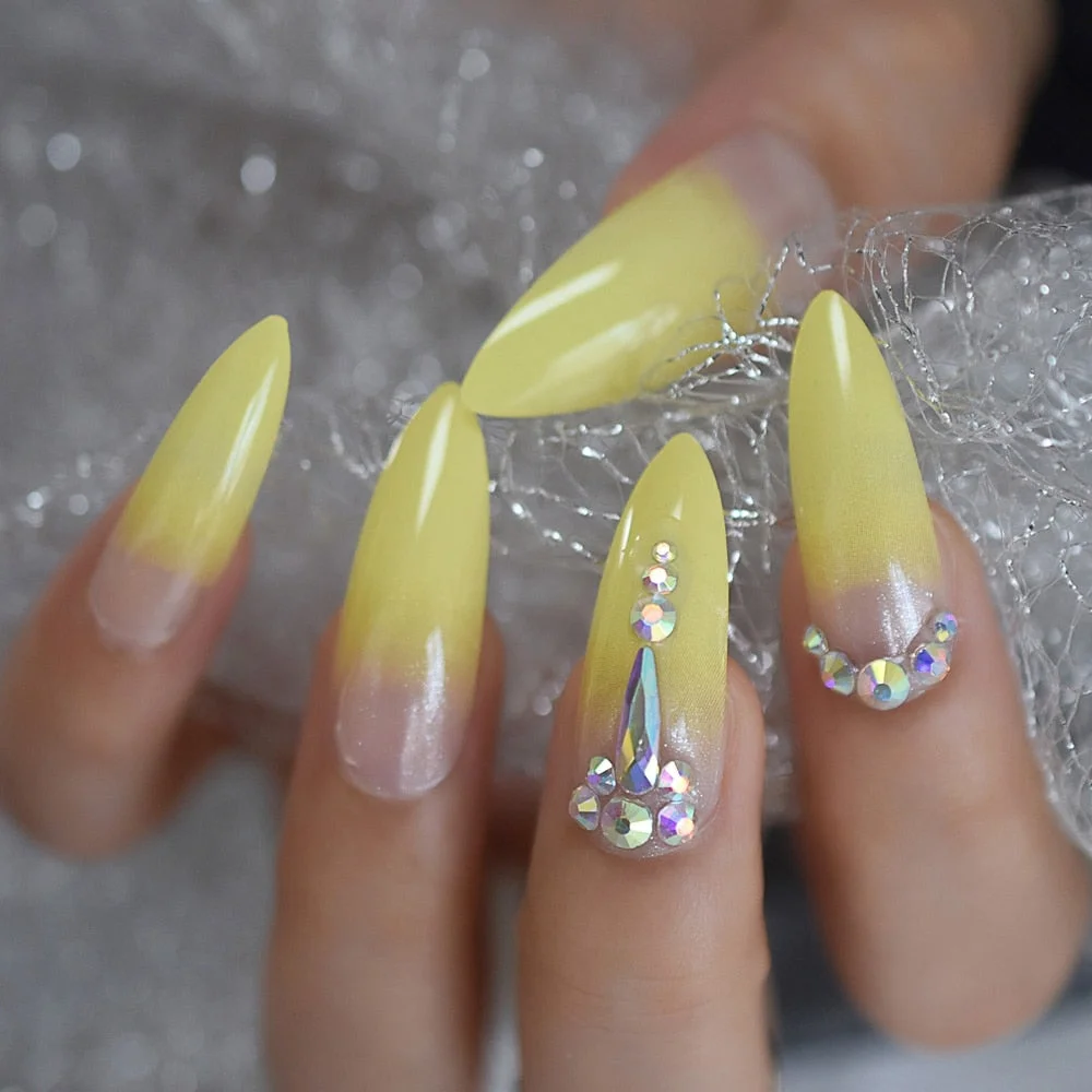 Ombre Jewelry Fake Nails Easy Designed Hand Painted Custom Press On Nails Extra Long Stiletto Designer Tips-Nail Inspo