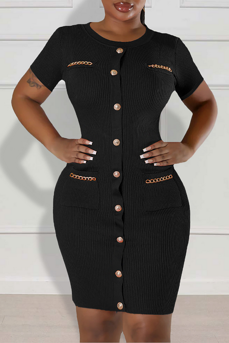 Knit Short Sleeve Button Up Bodycon Chain Decor Mini Dresses-Black