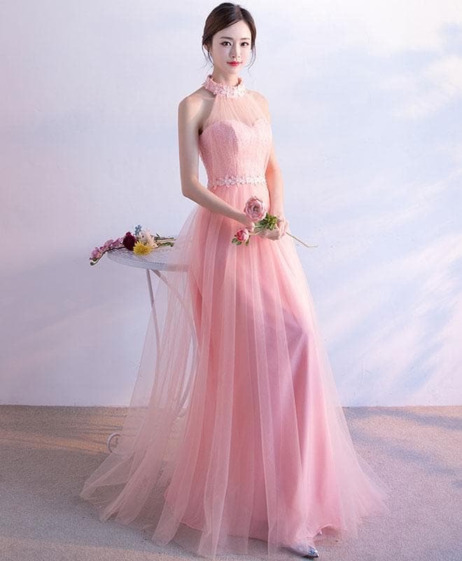 Pink Tulle Lace Long Prom Dress, Pink Tulle Evening Dress