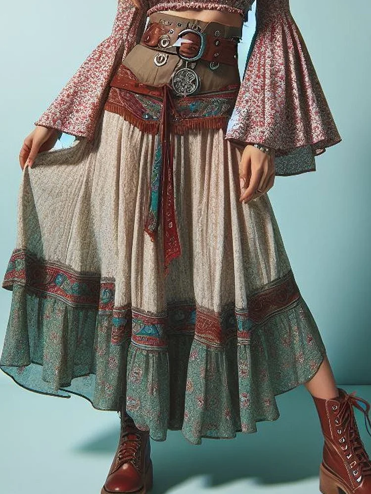 Boho Daily High Rise Colorblock Tassel Tribal Pattern Skirts