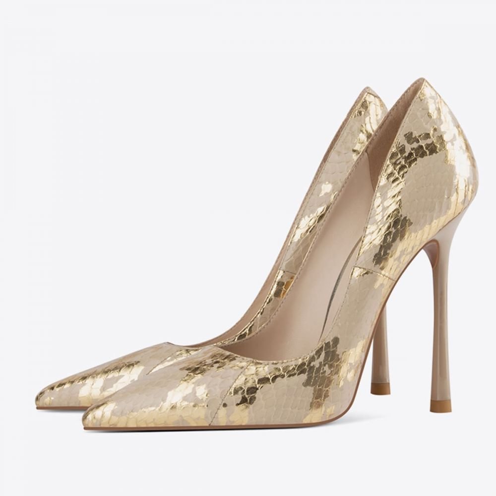 Snake Skin Pumps Gold Stiletto Heels for Women Nicepairs
