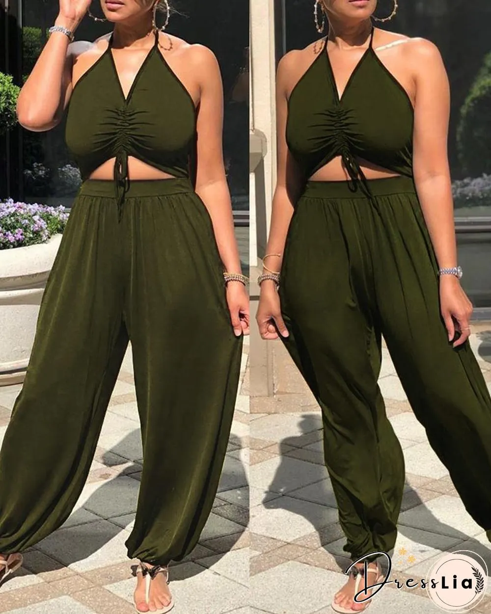 Halter Cutout Plain Drawstring Jumpsuit