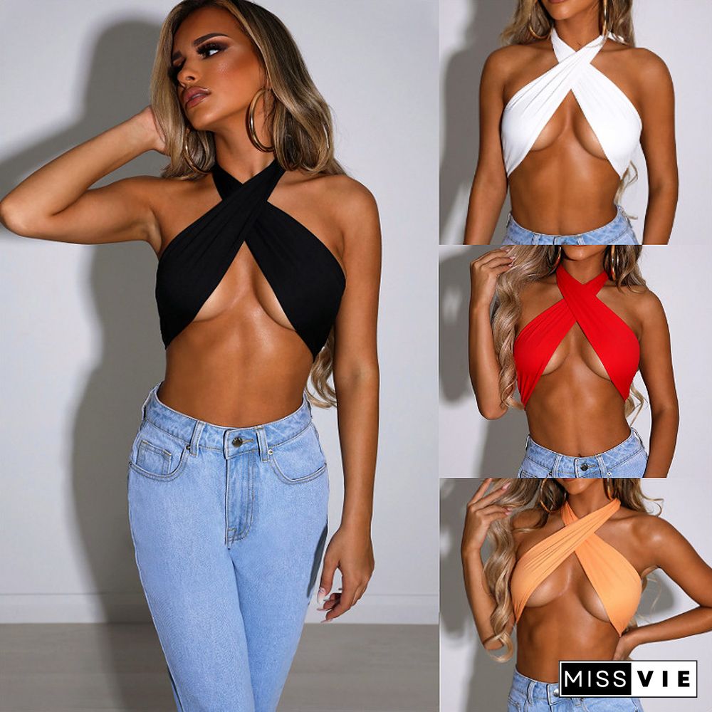 Women Halter Cross Bandage Sexy Vest Crop Tops Sleeveless Solid Color Tank Tops Vintage Club Sexy Shirts Female