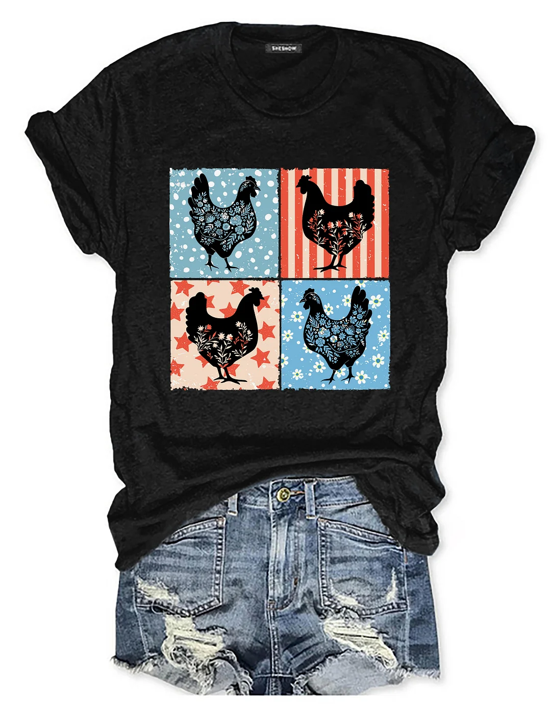 Floral Chicken 4th of July T-shirt