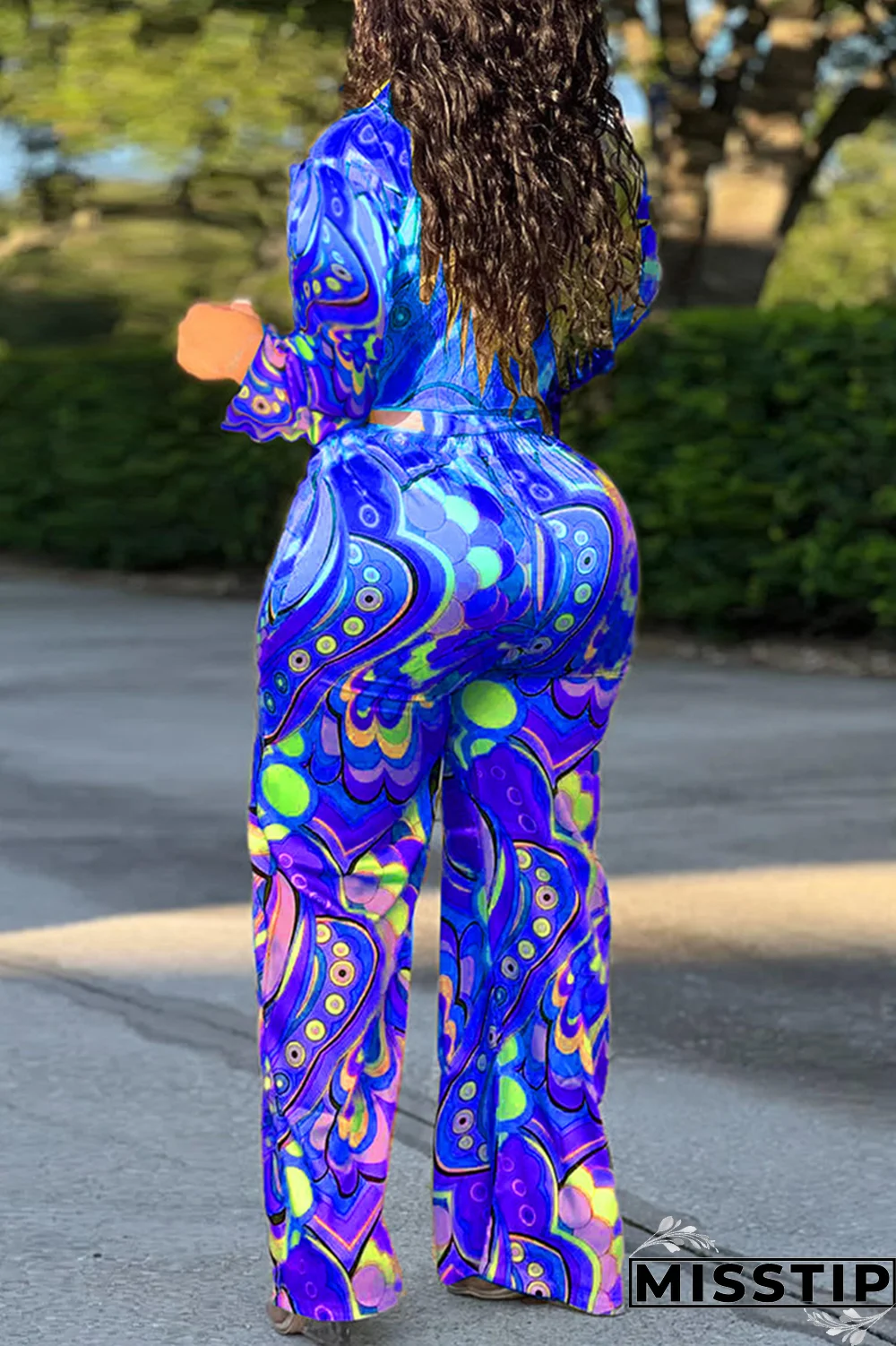 Fluorescent Green Fashion Print Patchwork Turndown Collar Long Sleeve Two Pieces