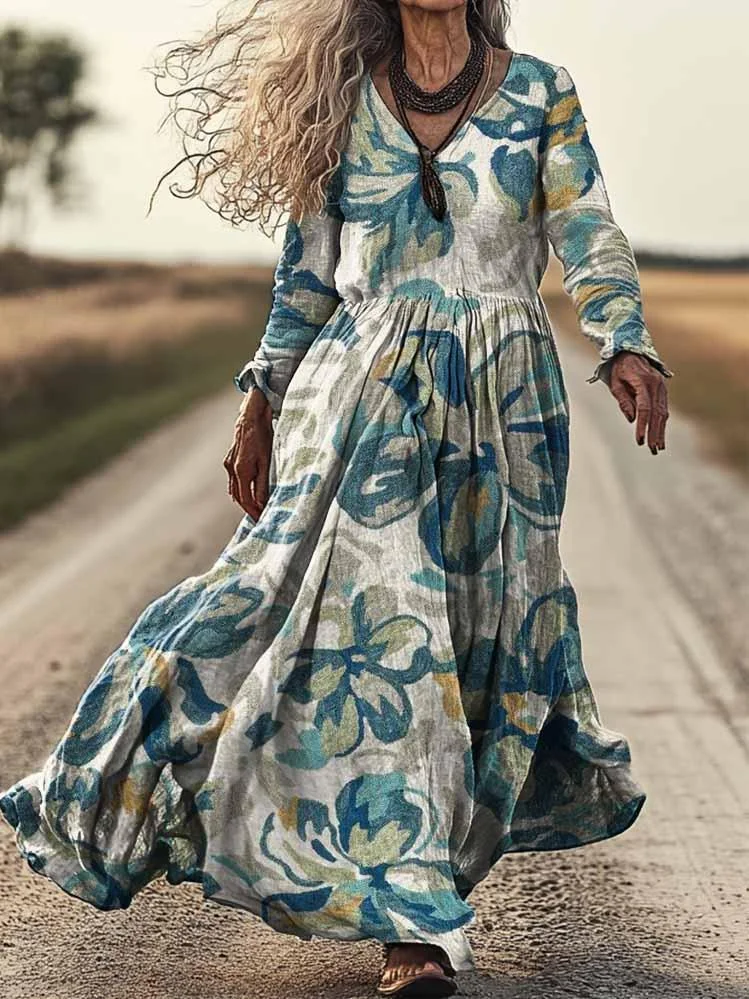 Women's Floral Art Print Pocket Cotton Dress