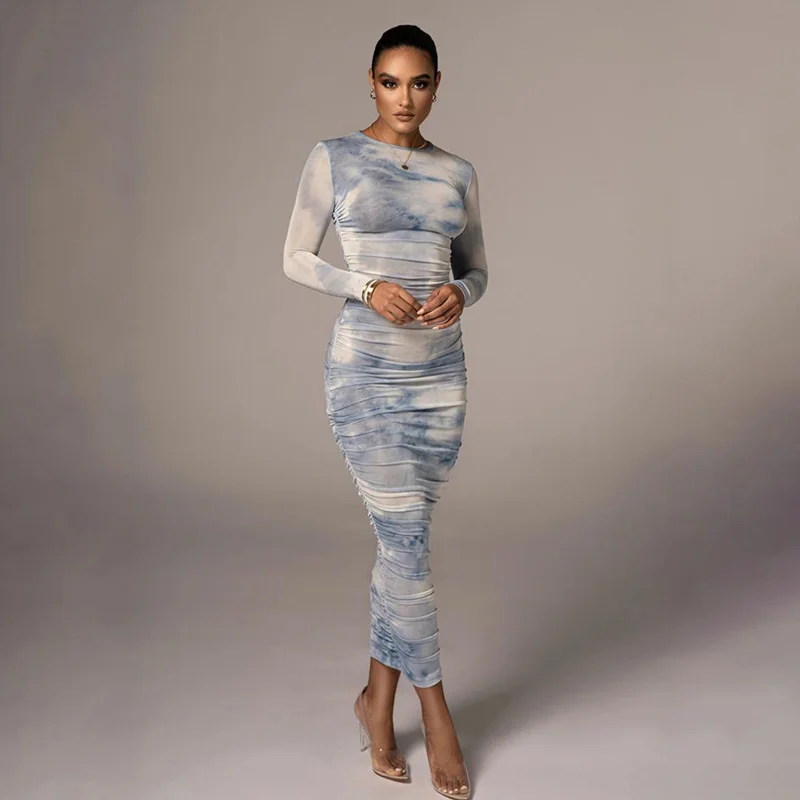 Tie-Dye Print Ruched Dress Women O-neck Knee-length Dresses Ladies Winter Skinny Partywear Women Elastic Vestidos