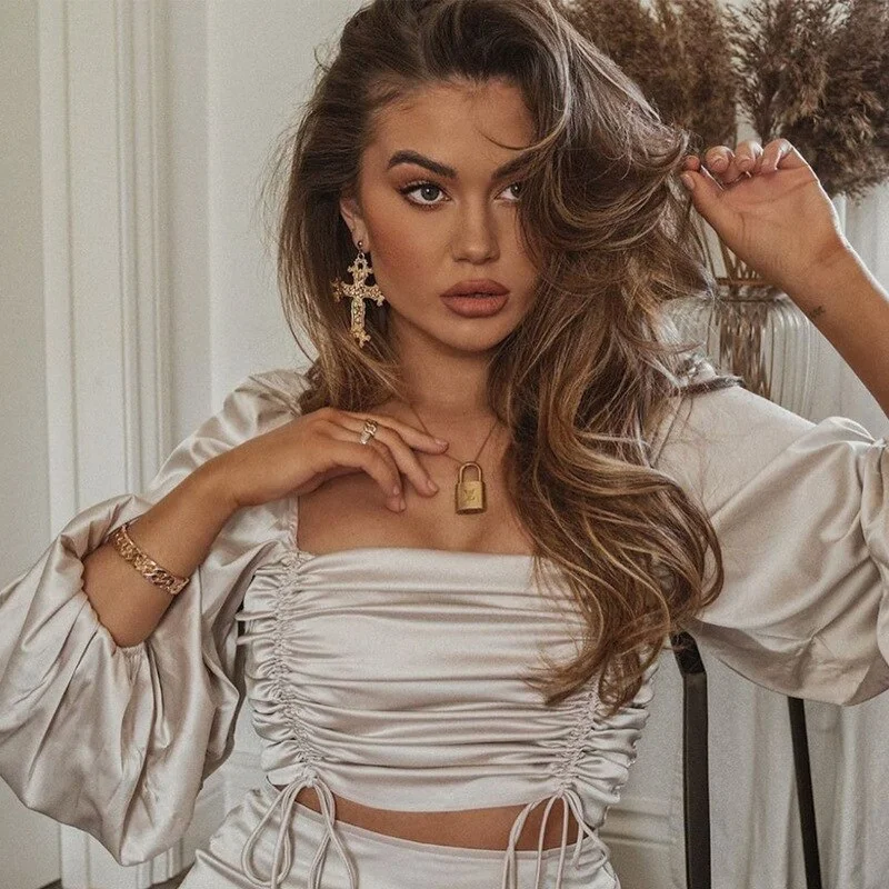 Cryptographic Drawstring Ruched Sexy Top and Skirt Two Piece Sets Matching Set Backless Lantern Sleeve Crop Tops Summer Outfits