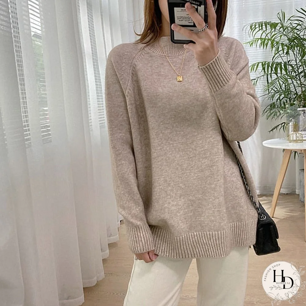 Women Mock Neck Pullovers Sweater High Quality Oversized Jumper Split Fall Winter Clothes Beige Purple Green 8 Colors  C-232