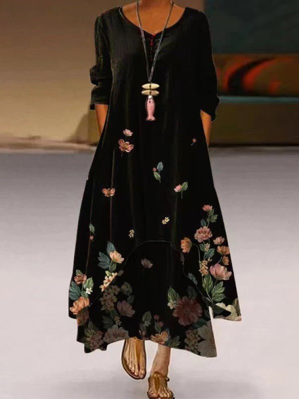 Little Butterfly Printed Round Neck Long-Sleeved Dress