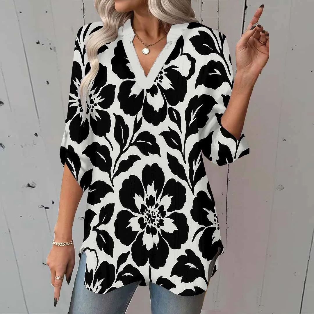 Women Floral, Black, White DZGA0136 3/4 Sleeve V-neck Printed Graphic Button Tops
