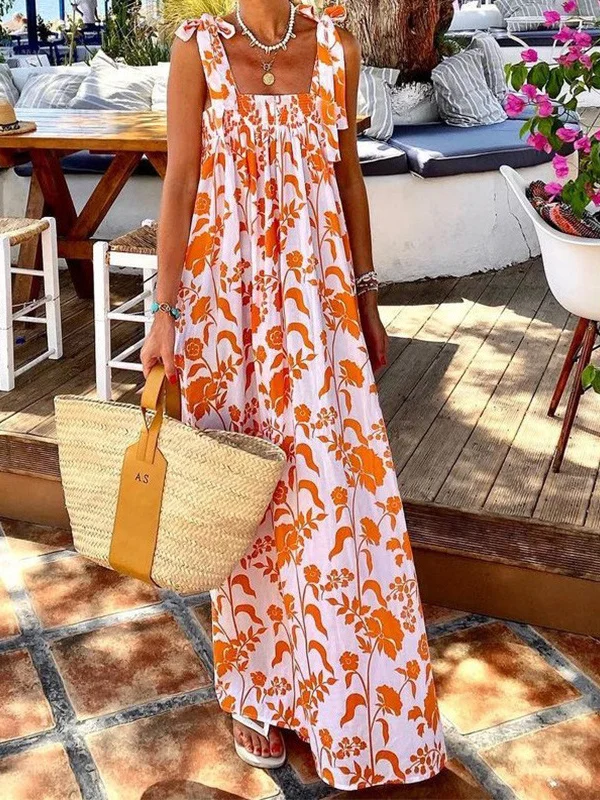Holiday Print Sling Dress Long Skirt Casual