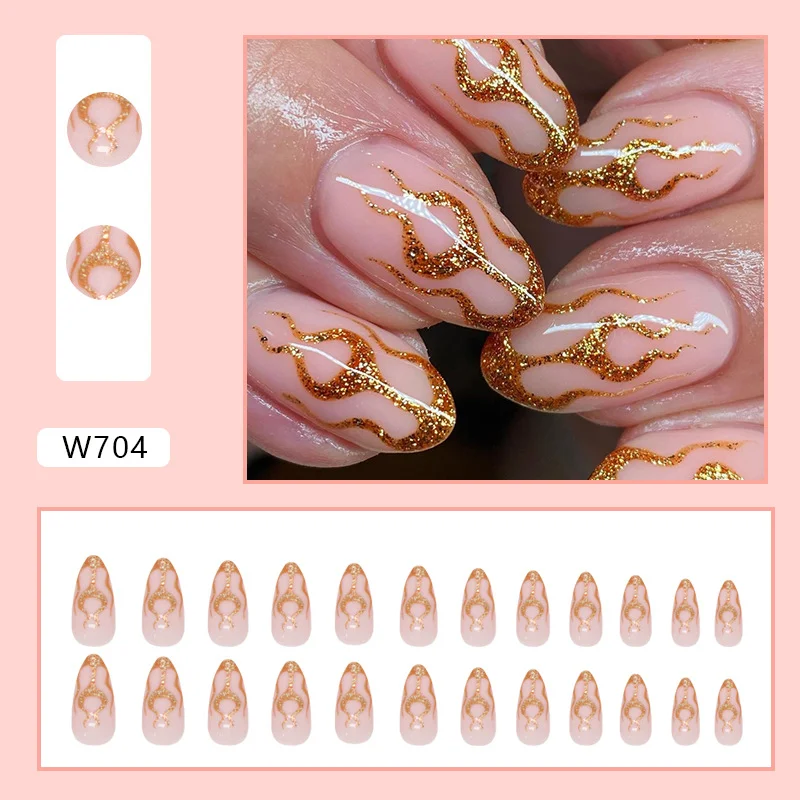 Churchf Churchf Gold Powder Flame Almond Nail Sweet Cool Hot Girl Ins Wind False Nail Gold Powder Bright Eye Wear Nail