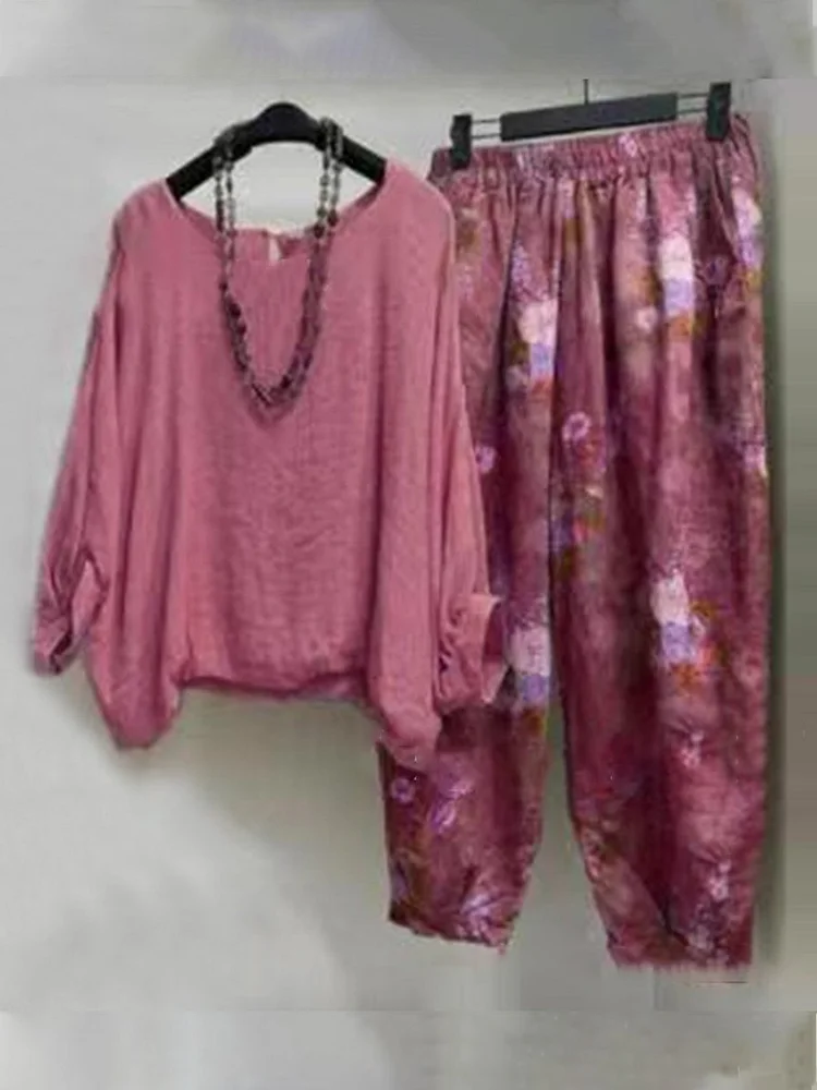 Women's Solid Color Top Vintage Print Pants Cotton Linen Suit socialshop