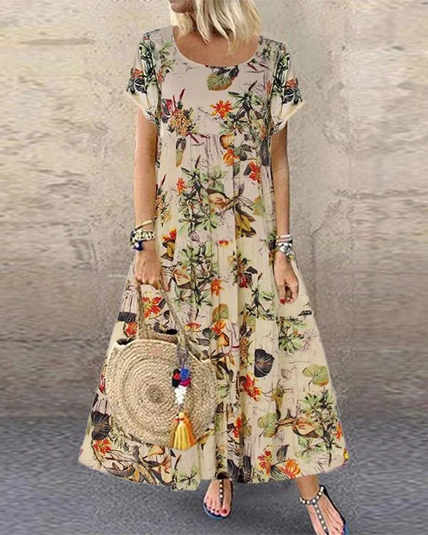 Vintage Floral Printed Short Sleeve Overhead Maxi Dress