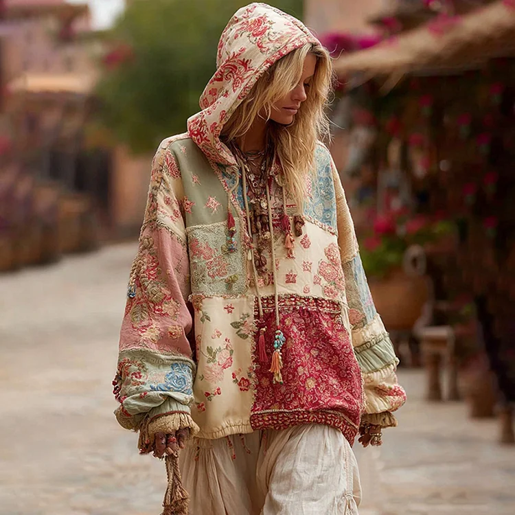 Women's Floral Embroidery Patchwork Boho Casual Hooded Sweatshirt